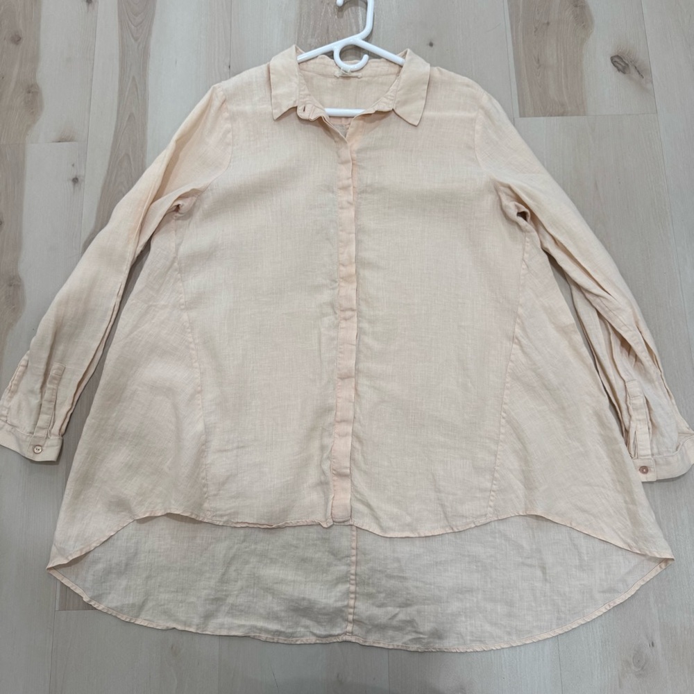 Eileen Fisher 100% Organic Irish Linen Large Tunic Button Down Shirt Pale Yellow - Picture 4 of 8